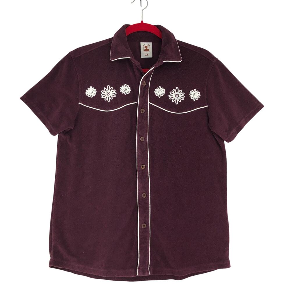 Dandy Del Mar Gaucho Shirt Mens XS Burgundy Embroidered Floral Terry Button Up